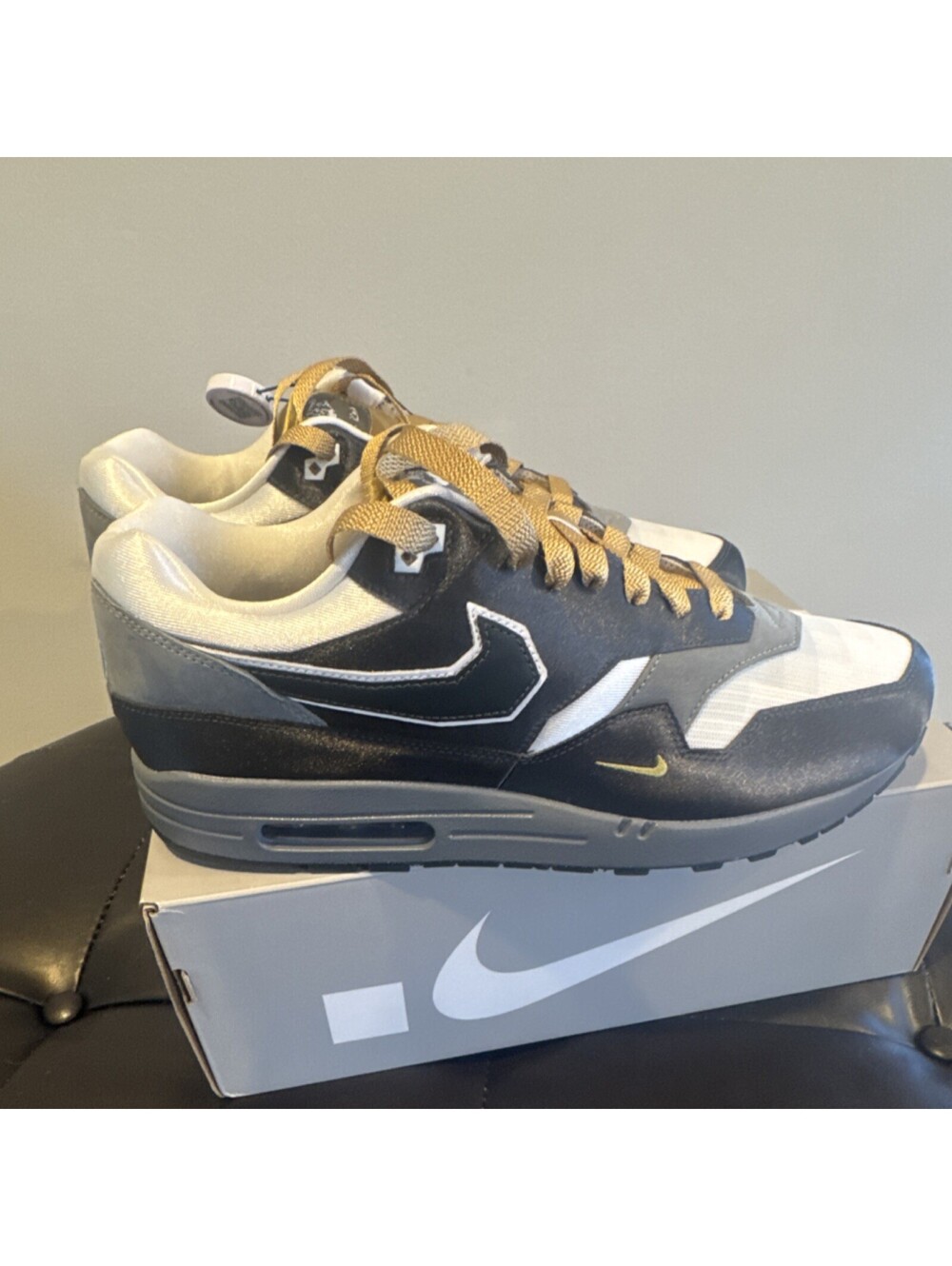 Nike Air Max 1 '86 OG Swoosh Mashup Black White Gold Low Top Men's Sneakers - Picture 3 of 6